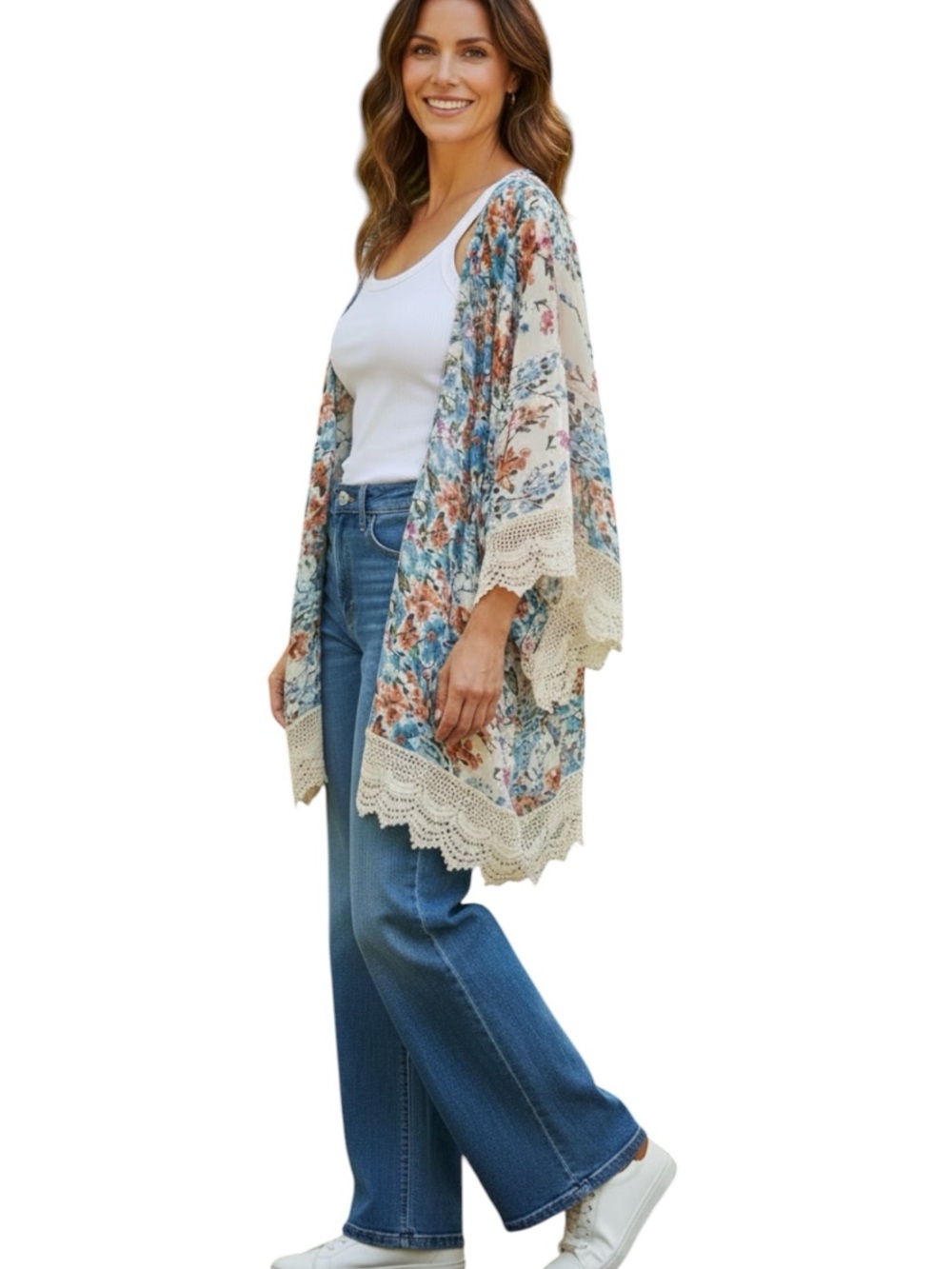 **NWT** Umgee Floral Crochet-Trim Open Front Kimono
